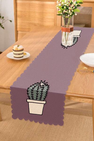 Realhomes Açık Mor Zemin Sade Kaktüs Tasarımlı Dijital Baskılı Dekoratif Runner