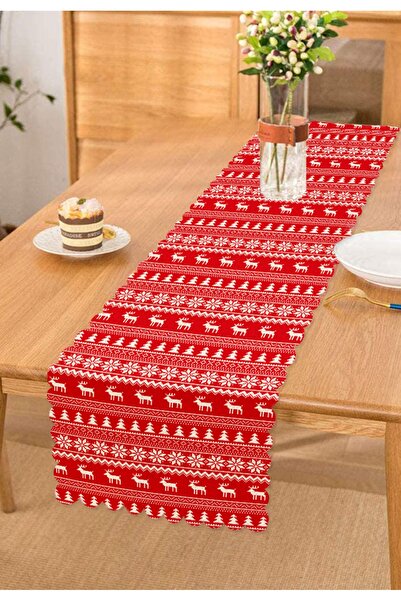 Realhomes Kırmızı Zeminli Kanaviçe Geyik Desenli Runner