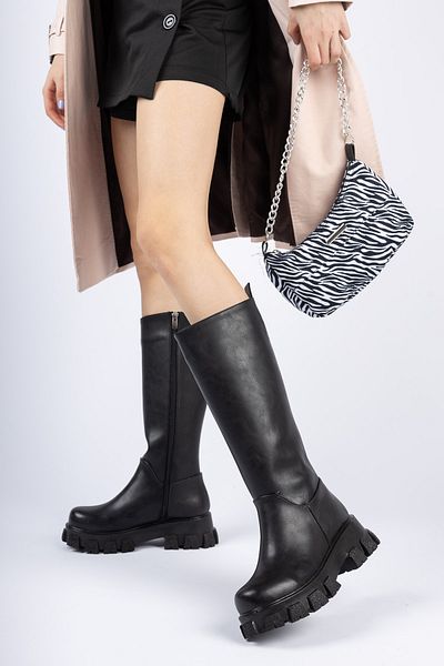 PASSAGE SHOES 5064 Μαύρες δερμάτινες γυναικείες μπότες με φερμουάρ κάτω από το γόνατο