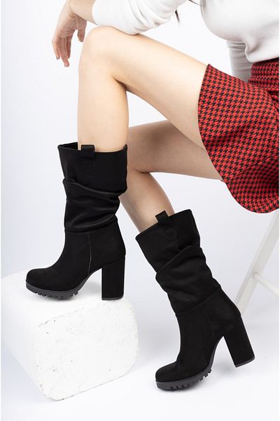 PASSAGE SHOES 7008 Черни велурени дамски ботуши на платформа с клинове