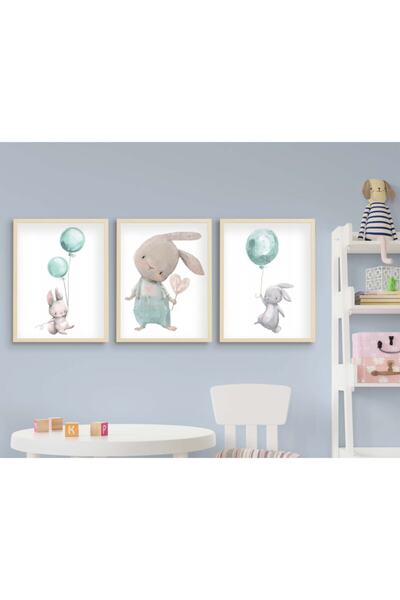 Ya&mu Tablosetleri 3 Adet 33 X 44cm Büyük Boy Ahşap Çerçeveli Bebek, Çocuk Odası Tablo Seti