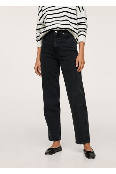 MANGO Woman Blugi conici cu talie înaltă din denim negru de damă