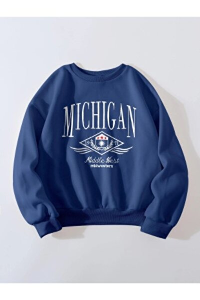 Genel Markalar Unisex Mavi Michigan Middle West Bisiklet Yaka Baskılı Oversize Sweatshirt