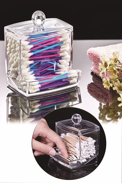 Genel Markalar Şeffaf Kapaklı Hazneli Pamuklu Kulak Çöpü Makyaj Organizer Kutusu