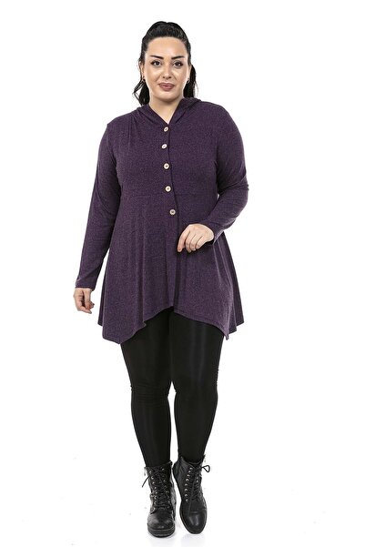 DISENTIS MODEST Büyük Beden Asimetrik Kesim Kapüşonlu Sahte Düğme Detaylı Yün...