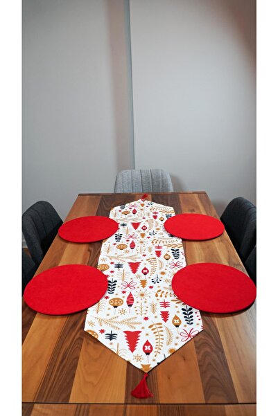 Viemso New Year's Patterned White Floor Tassel Runner, Set of 6 Plates