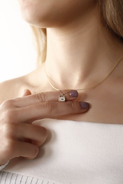 Lia Berto Altın Kaplama Kare Firuze Gözlü 925 Ayar Gümüş Kolye