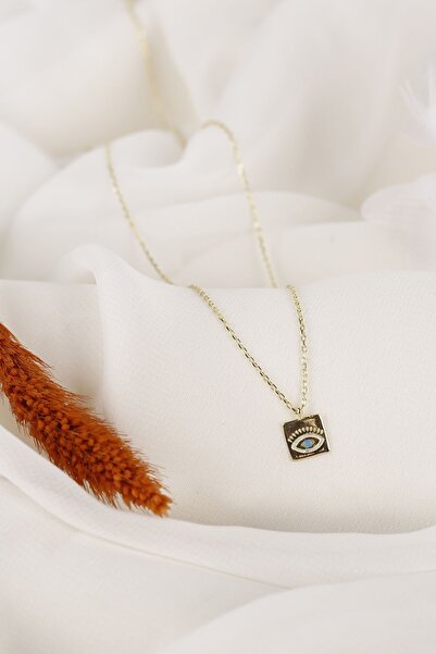 Lia Berto Altın Kaplama Kare Firuze Gözlü 925 Ayar Gümüş Kolye