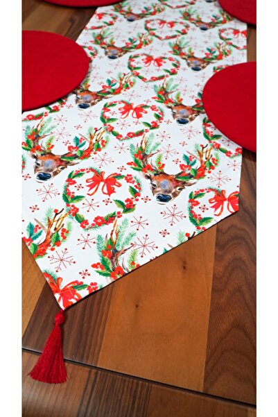 Viemso New Year's Deer Patterned Tassel Runner, Set of 6 Charger Plates