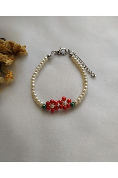 Fata Morgana Accessory Red Floral Pearl Bracelet