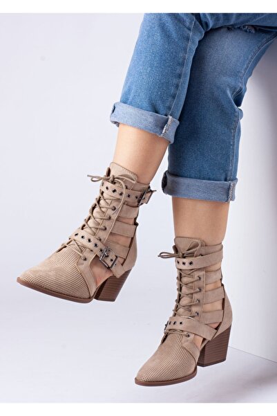 Bej Ayakkabı Women's Back Zippered Double Buckle Adjustable and Tied Summer Boots Tan