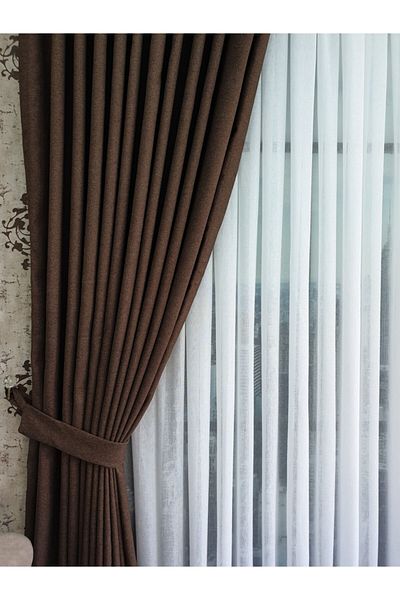 lüks House Light Brown Blackout Linen Blackout Country Style Pleatless Background Curtain