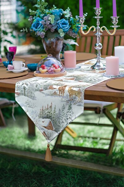 Realhomes Kış Temalı Bağ Evi & Geyik Tasarımlı Dijital Baskılı Modern Püsküll...