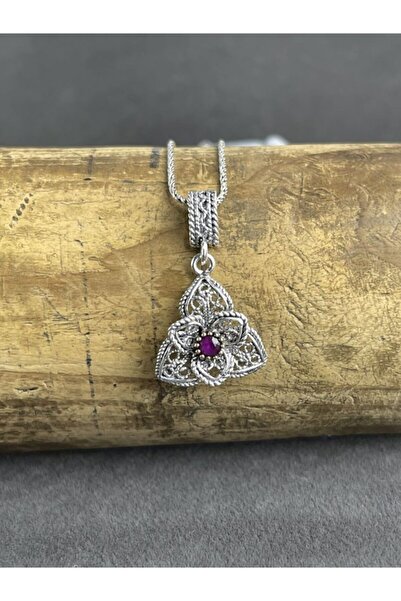 BEY SİLVER Telkari Yakut Taşlı Çiçek Gümüş Kadın Kolye