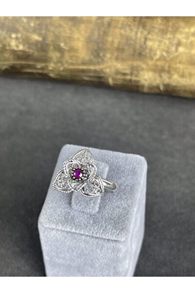 BEY SİLVER Telkari Yakut Taşlı Çiçek Gümüş Kadın Yüzük