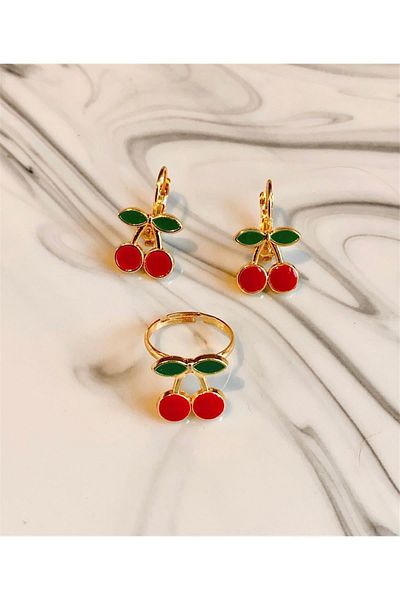 Yeşim Aksesuar Cherry Children's Earring and Ring Set, Allergy-Free Children's Ring and Earring Set