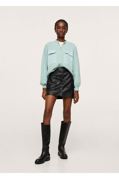 MANGO Woman Pulover tricotat cu buzunare verde pastel pentru femei