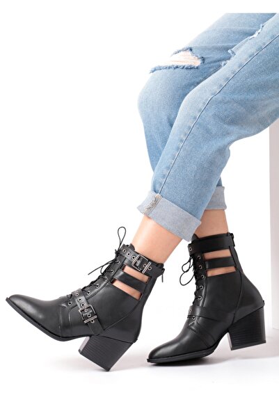 Bej Ayakkabı Women's Coco Buckle and Tie Detail Back Zipper Heeled Boots Matte Black