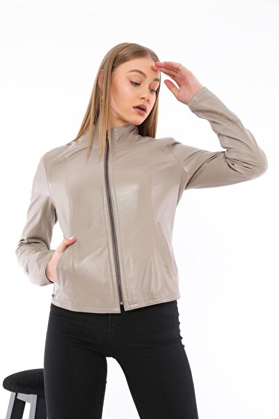 Bared Deri Kadın Bej Deri Ceket