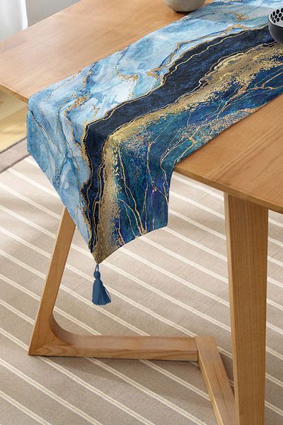 Realhomes Alergăre triunghiular din chenille cu design special modern, cu fundal albastru cu frunze de aur