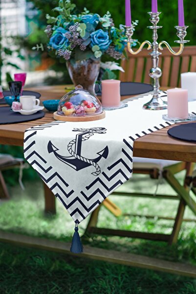 Realhomes Beyaz Zeminde Geometrik Çizimli Çapa Desenli Dijital Baskılı Püskül...