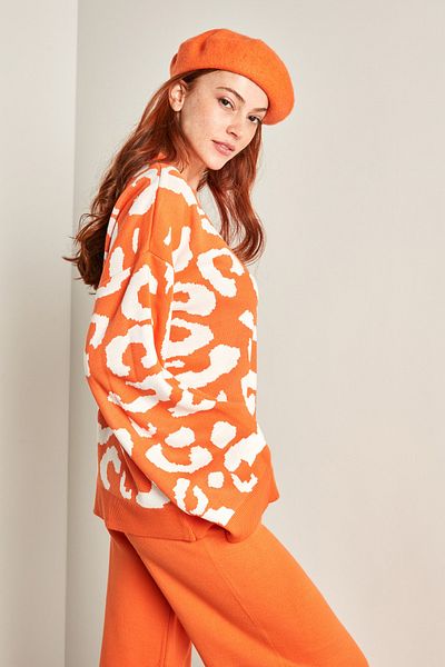 Y-London Orangefarbener Ecru-Jacquard-Strickpullover für Damen YL-KZ99690
