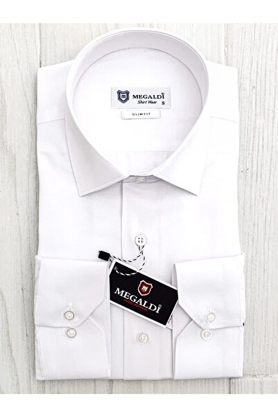 MEGALDİ Erkek Düz Beyaz Saten Gömlek