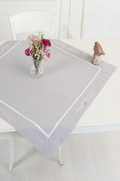 ÖDEL HOME Gray - White Buldan Fabric Elegant Embroidered 90X90 cm Tablecloth