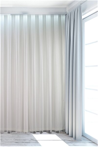 MEVVA HOME Çizgili Eteği Kurşunlu Tül Perde Çlk(1x2,5 Orta Pileli)