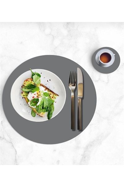 Yumak Dekor Grup 12-Piece Round Dark Gray Leather American Service Supla Placemats for 6 People