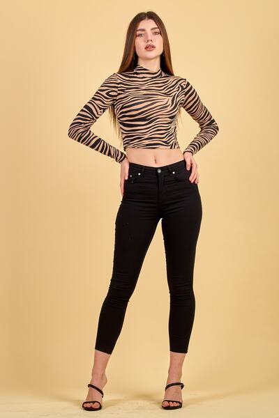 ladyzey Дамски кафяв боди от вискоза с половин поло яка и зебров шарка Laydzey