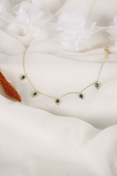 Lia Berto Altın Kaplama Zümrüt Damla Taşlı 925 Ayar Gümüş Halhal