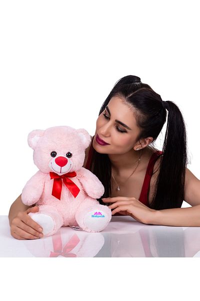 hediyecik 30 cm Pink Plush Teddy Bear with Ribbon and Cute