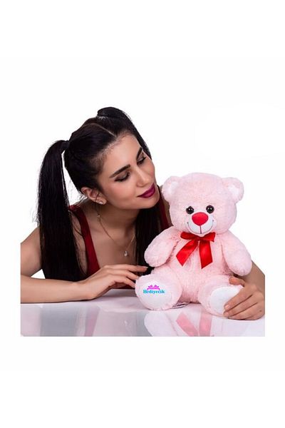 hediyecik 30 cm Pink Plush Teddy Bear with Ribbon and Cute