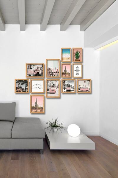 NT Handmade 12 Parça Ahşap Tablo Seti Pembe T2 Salon Oturma Yatak Odası Için Duvar Dekoru 90x75cm