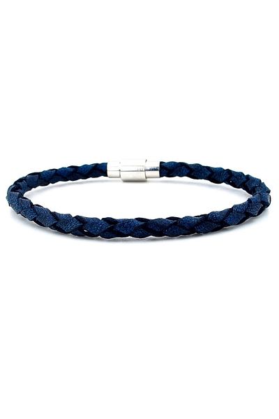 Solfera Navy Blue Genuine Hair Braid Leather Metal Magnet Men's Bracelet M019g