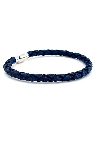 Solfera Navy Blue Genuine Hair Braid Leather Metal Magnet Men's Bracelet M019g