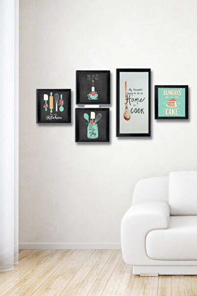 NT Handmade 5 Parça Ahşap Tablo Seti - Mutfak Konsepti Için Yeşil Mdf Duvar Dekoru 50x30 Cm