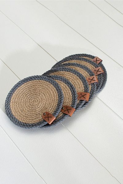 Homever 6 Pieces 13cm Gray Striped Jute Straw Knitted Coaster Presentation Set