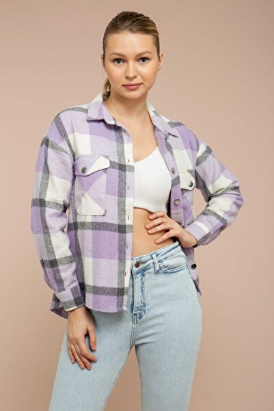 MEECY Kadın Lila Ekoseli Cepli Oduncu Gömlek
