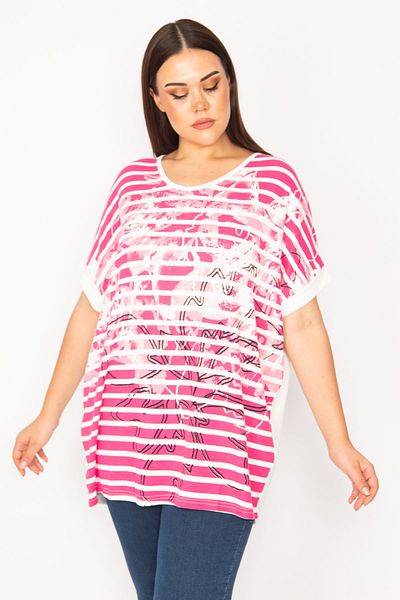 Şans Women's Plus Size Fuchsia Front Patterned Low Sleeve Blouse 65n30192