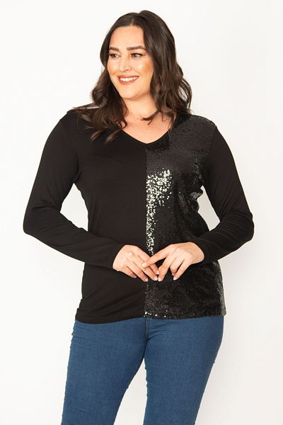 Şans Women's Large Size Black Half Sequined Detailed V-Neck Blouse 65n30422