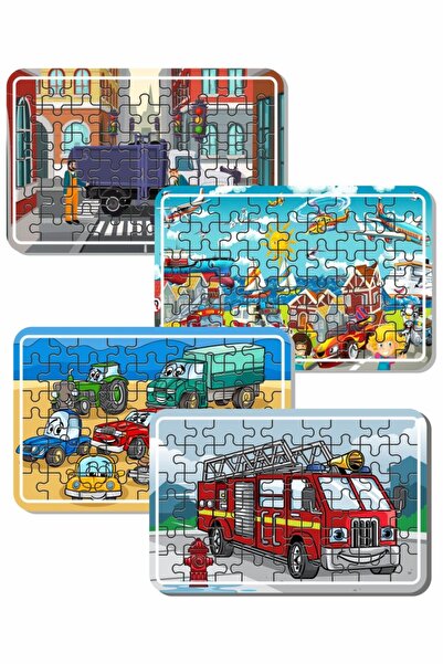LİPYOS Çöp Kamyonu, Itfaiye Arabası Ve Taşıtlar 54 Parça 4'lü Ahşap Puzzle Set