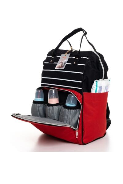 Sahra Stain Resistant Waterproof Thermal Compartment Striped Mother Baby Care Backpack Black-red