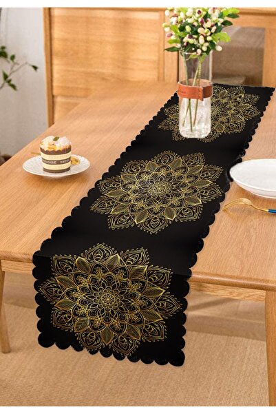 Realhomes Siyah Zeminde Gold Mandala Motifli Runner