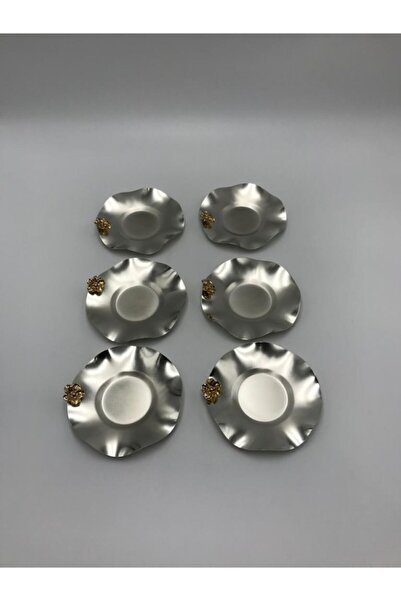 Aslı Hediyelik طبق شاي فضي من الفولاذ المقاوم للصدأ - موديل مموج مكون من 6 قطع، مزين بالزهور