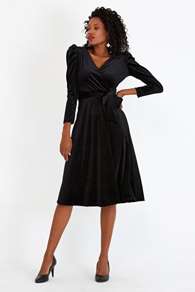 ADASTYLE Kétsoros, midi fekete bársonyruha