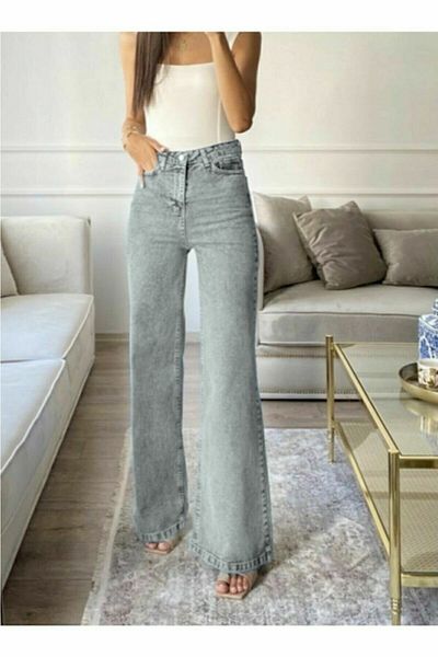 Trn JNS Blugi cu talie super înaltă Lycra Ash Grey Pantaloni Palazzo 2 - Efect de spălare a zăpezii