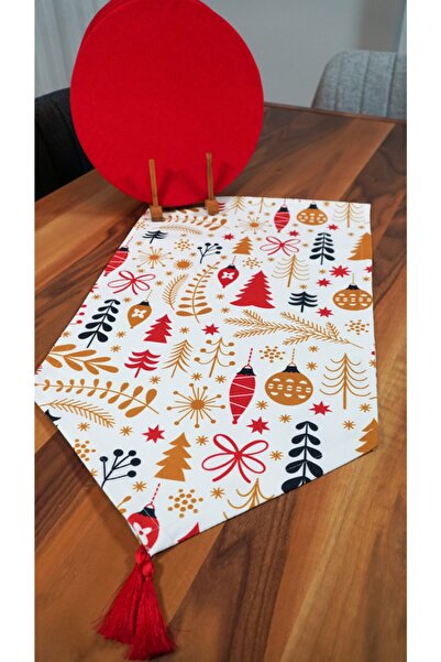 Viemso New Year's Patterned White Floor Tassel Runner, Set of 6 Plates