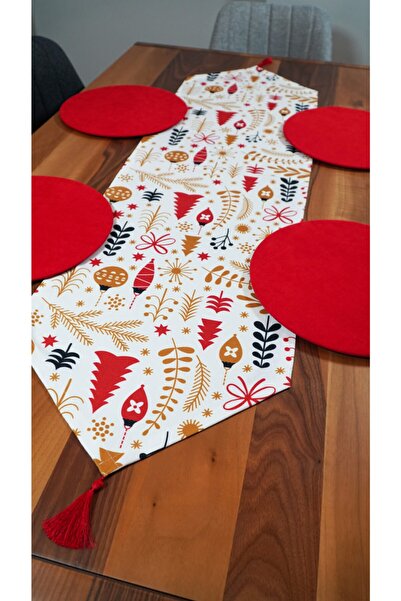 Viemso New Year's Patterned White Floor Tassel Runner, Set of 6 Plates